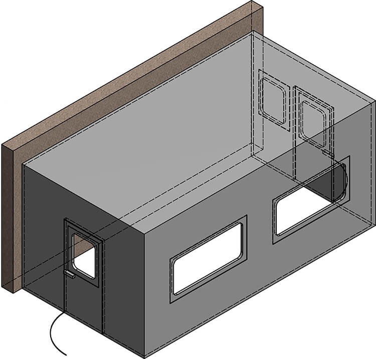 Planzeichnung einer Schallschutzkabine als Hallen- und Meisterbüro von GEMAtech